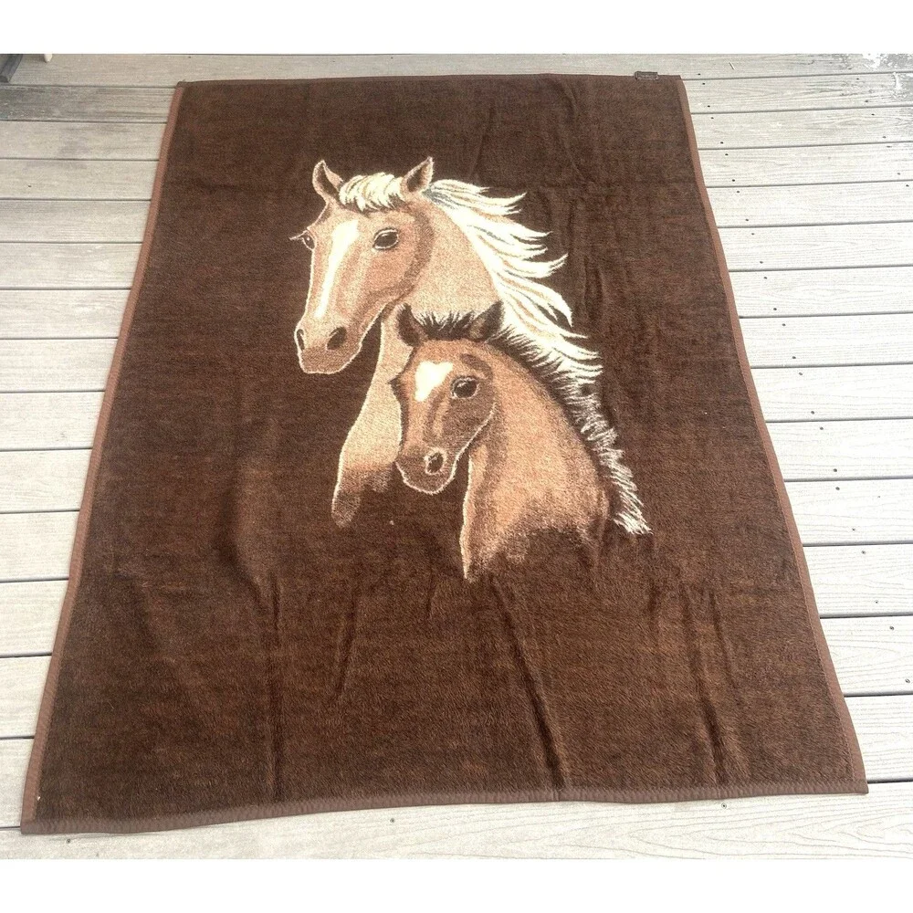 Vintage Biederlack Horse Throw Blanket West Germany Acrylic Ranch Decor